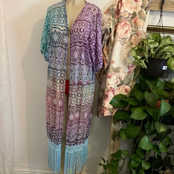 Beautiful Multi Color Lace Over Lay Purple Teal with Fringe Trim at the Bottom - Picture 2 of 11